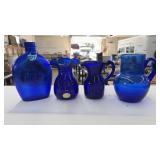 COBALT BLUE GLASS FLASK, VASES, PITCHER
