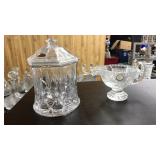 LEAD CRYSTAL CUT GRAVY DISH & LIDDED JAR