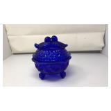VNTG. COBALT BLUE GLASS LIDDED DISH, KISSING BIRDS