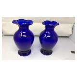 PAIR VNTG. COBALT BLUE GLASS RUFFLE VASES