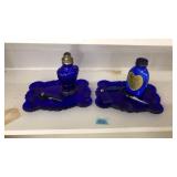 VNTG COBALT BLUE GLASS VANITY TRAYS & BOTTLES
