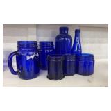 LOT OF ASST. COBALT BLUE GLASS BOTTLES & JARS