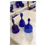 3 COBALT BLUE GLASS HAND BELLS