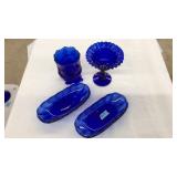 LOT OF COBALT BLUE GLASS: TRAYS AND CANDY DISHES