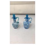 VNTG. BLOWN GLASS BLUE & WHITE CRUETS W/ STOPPERS