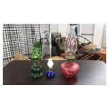 (3) COLORED GLASS OIL LAMPS