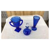 3 COBALT BLUE GLASS VASES AND DECANTER