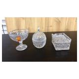 CRYSTAL CUT GLASS ASHTRAY W/LID & 2 JARS