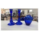 COBALT BLUE GLASS CANDLE STICKS & VASE