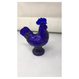 VNTG. COBALT BLUE GLASS ROOSTER ON NEST, PEDESTAL