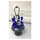 ANTQ. SILVERPLATE CRUET SET W/COBALT BLUE GLASS