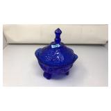 VNTG. COBALT BLUE FOOTED CANDY DISH WITH LID