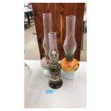 2 HAND PAINTED OIL LAMPS & RELIGIOUS OIL LAMP