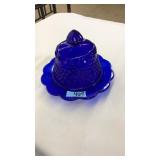 VNTG COBALT BLUE GLASS COVERED BUTTER DISH