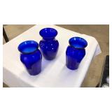 3 COBALT BLUE GLASS RIBBED VASES