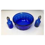 VNTG. COBALT BLUE SALAD BOWL & OIL/VINEGAR SET