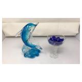 BLOWN GLASS DOLPHIN FIGURINE & PEDESTAL DISH