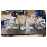LOT OF CLEAR GLASS VASES & LIDDED JAR