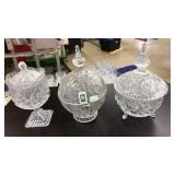 (3) GLASS CUT PEDESTAL CANDY DISHES W/LIDS