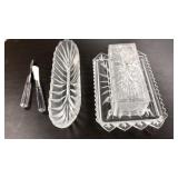 GLASS BUTTER DISH, RELISH TRAY, CHEESE KNIVES
