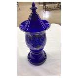 VNTG. COBALT BLUE GLASS & SILVERTONE URN JAR W/LID