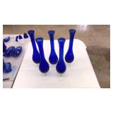 5 COBALT BLUE & CLEAR GLASS PEDESTAL VASES