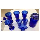 7 PC. COBALT BLUE GLASSWARE & 1 CANISTER W/LID