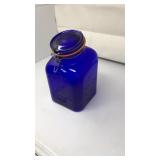 VNTG. COBALT BLUE GLASS 'FAMILY GROCERY' JAR W/LID
