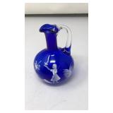 VNTG. COBALT BLUE GLASS CRUET W/HAND PAINTED GIRL