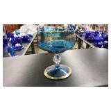 VNTG MURANO STYLE BLUE GLASS PEDESTAL BOWL