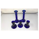(5) COBALT BLUE GLASS TAPER CANDLE HOLDERS