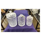 (3) LIDDED PRESSED GLASS JARS