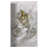 BRASS SOAP DISH W/GLASS INSERT & 2 CANDLE HOLDERS