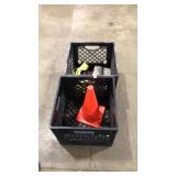 2 PLASTIC MILK CRATES, CONES, RATCHET STRAPS