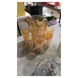 VNTG. MARIGOLD CARNIVAL GLASS PITCHER & TUMBLERS