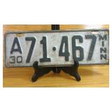 1930 Minnesota License Plate A71-467, Steel,...