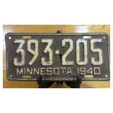 1940 Minnesota Embossed Steel License Plate...