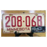 1942-43 Minnesota License Plate 208-068 with...