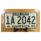 1960 Minnesota License Plate 1A 2042, 10,000...