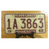 1962 Minnesota License Plate 1A 3863, 10,000 Lakes
