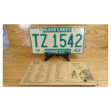 1962 Minnesota License Plate TZ 1542, 10,000...