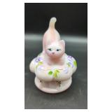Fenton Pink Satin Glass Cat on Pillow Trinket Box