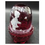 Fenton Ruby Red Glass Fairy Lamp, Hand-painted