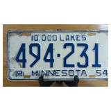 1954 Minnesota License Plate 494-231, 10,000 Lakes
