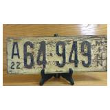 1922 Minnesota License Plate A 64-949, Original...