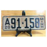 1928 Minnesota License Plate A91-158, Beige...