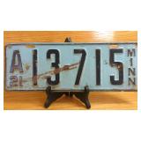 1921 Minnesota License Plate A 13715, Steel,...