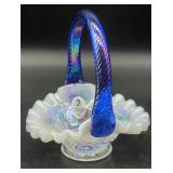 Fenton Glass Basket, Iridescent with Blue...