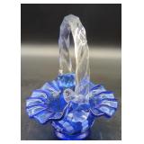 Fenton Cobalt Blue Hand Painted Glass Basket,...
