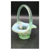 Fenton Handpainted Glass Basket, Green Floral...